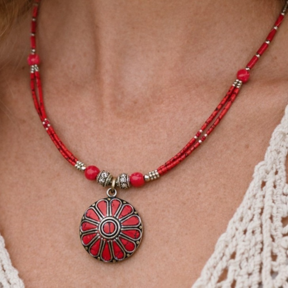 Tibetan Handmade Red Coral Gemstone‎ Necklace 18in #0667